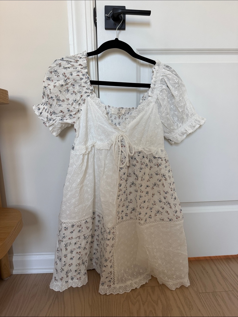 White Floral Patchwork Mini Dress with Puff Sleeves